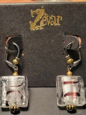 Zevar Art Glass Dangle Earrings Silver Foil Burgundy Swirl Leverback NWT